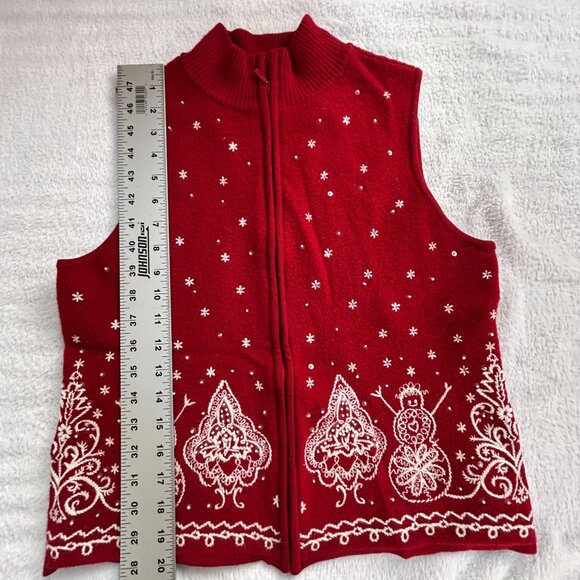 Talbots Women Red Holiday Sweater Vest Snowman Christmas Zip Front Medium Petite - Picture 7 of 7